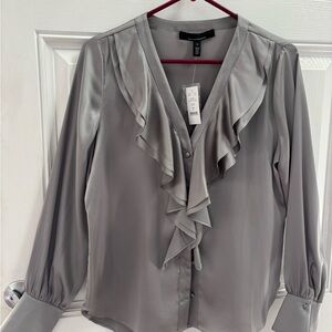 White House Black Market Silver Ruffled Blouse